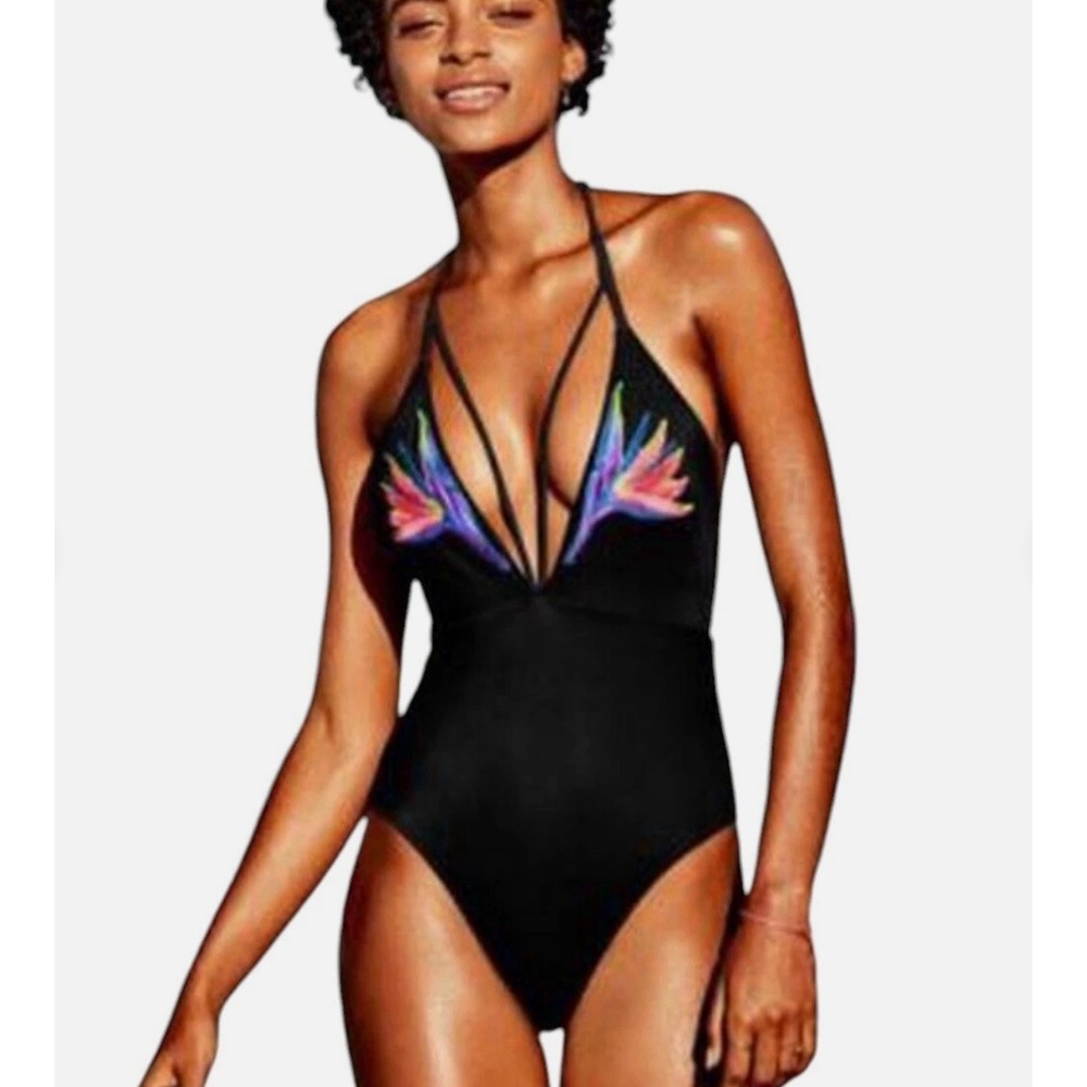 Victoria's Secret Pink Swimwear Embroidered Strappy Plunge One Piece Black LARGE